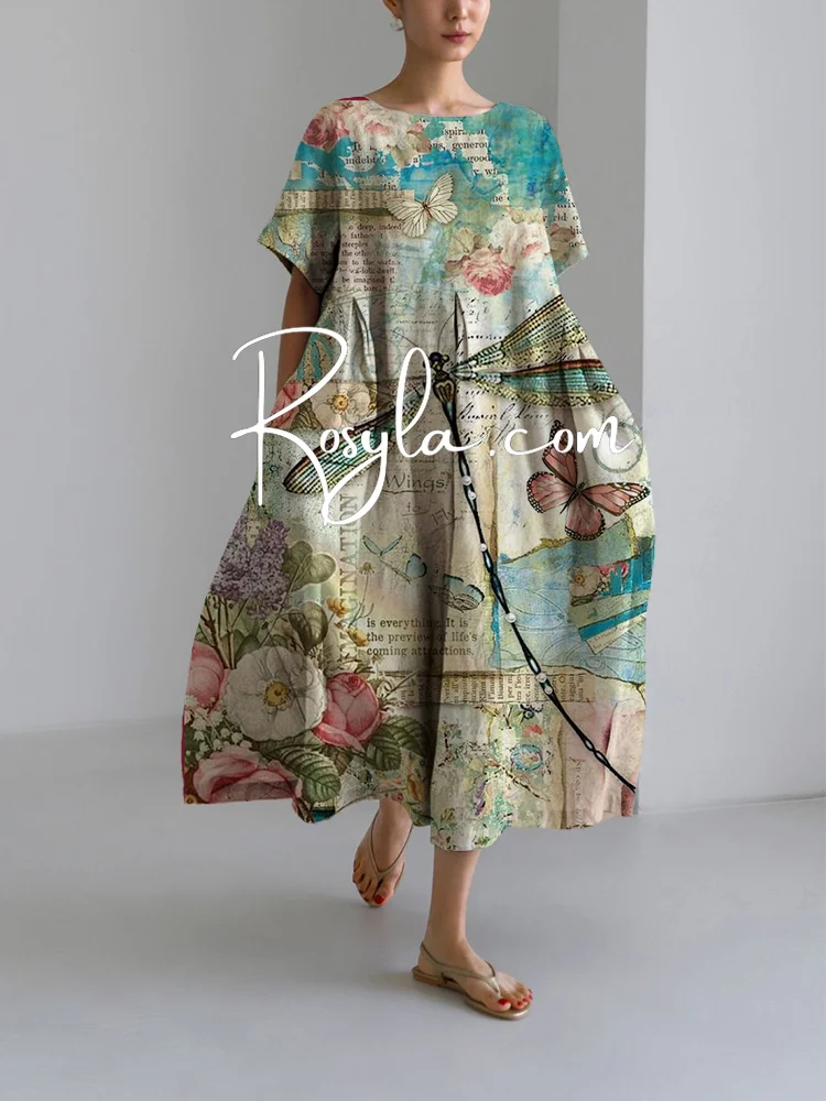 Women's Fashion Dragonfly Print Loose Round Neck Medium Length Skirt Dress