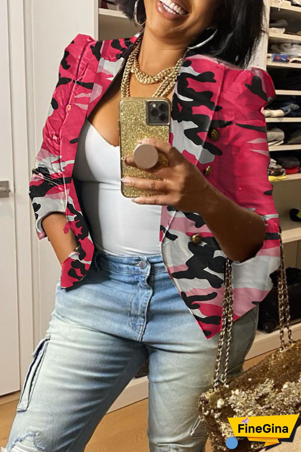 White Casual Print Patchwork Buttons Turn-back Collar Outerwear