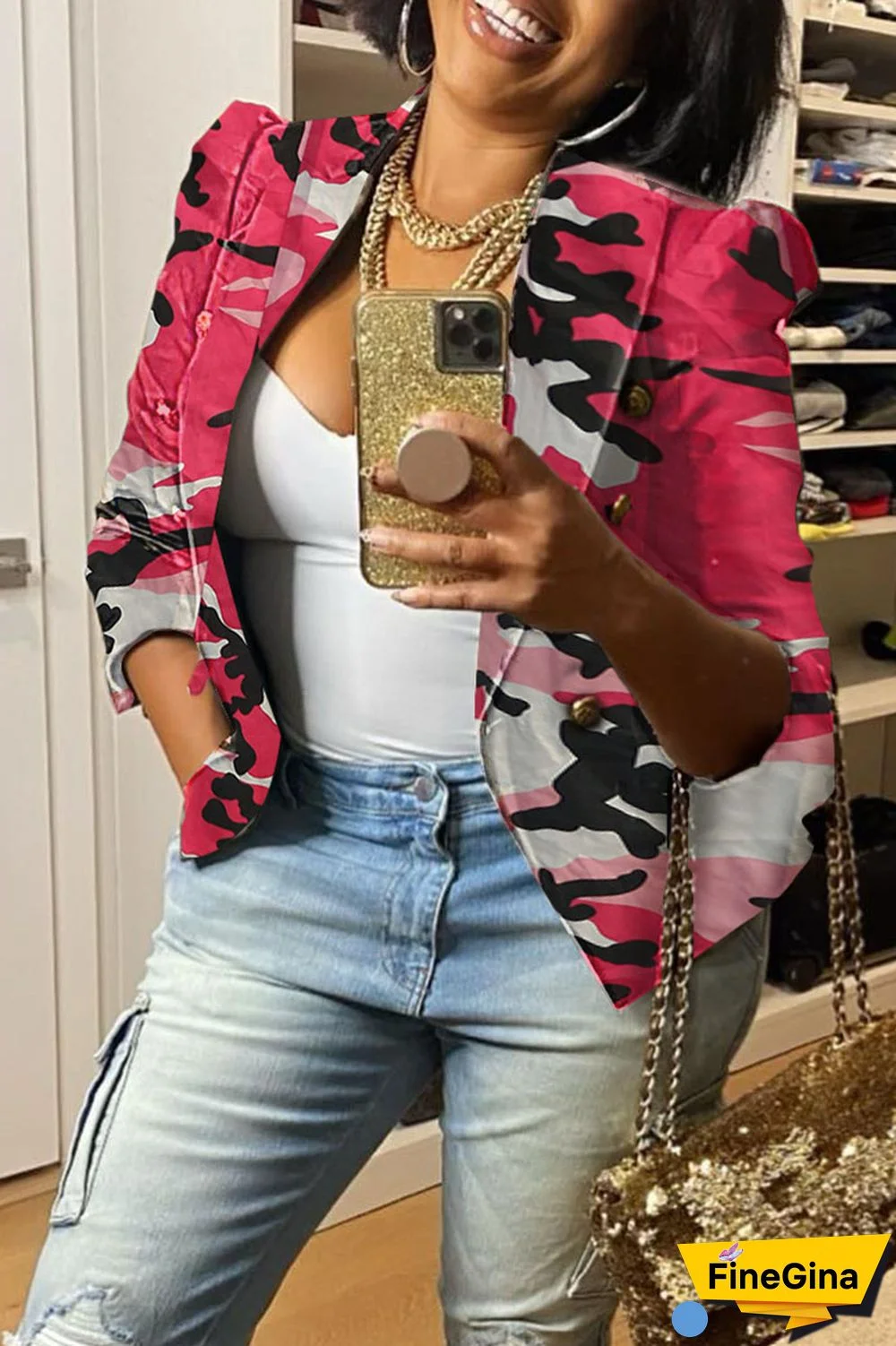 White Casual Print Patchwork Buttons Turn-back Collar Outerwear