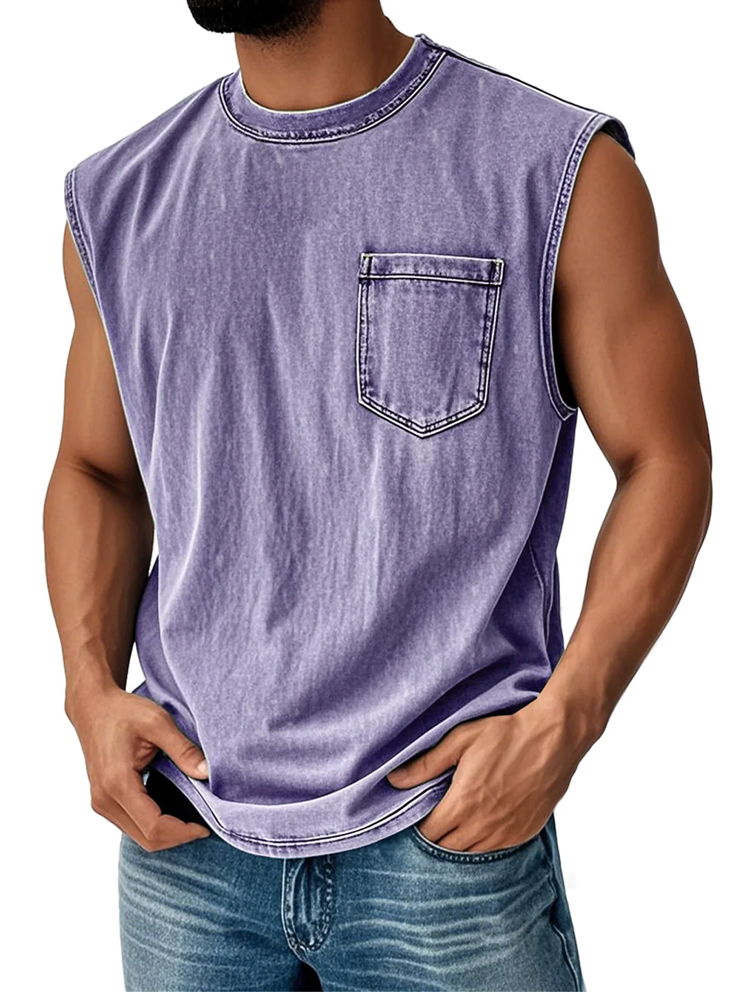 Men's Vintage Distressed Casual Round Neck Pocket Solid Color Sleeveless Vest