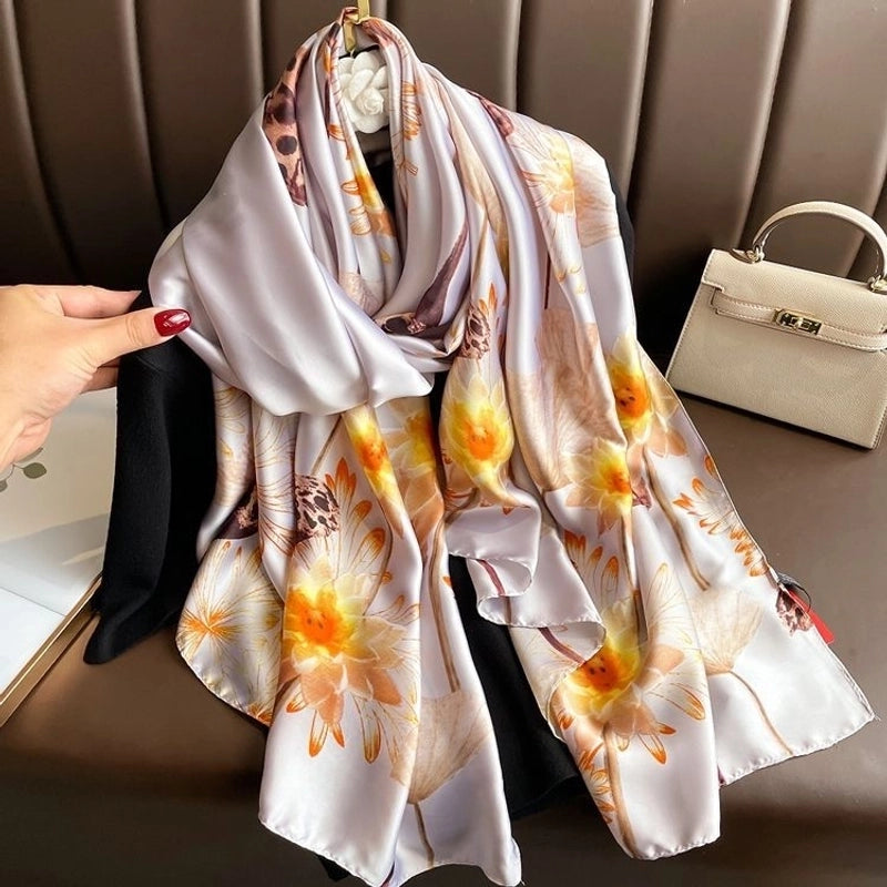 Women’s Fashion Letter Plaid Satin Printing Silk Scarves
