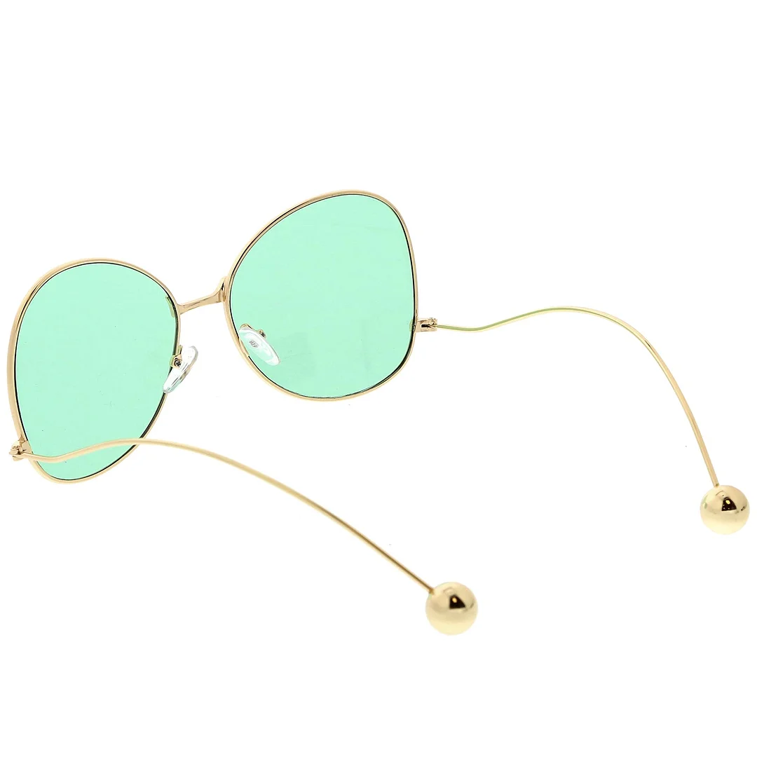 Women's Metal Butterfly glasses Thin Curved Arms Ball Accent Color Tinted Flat Lens 56mm