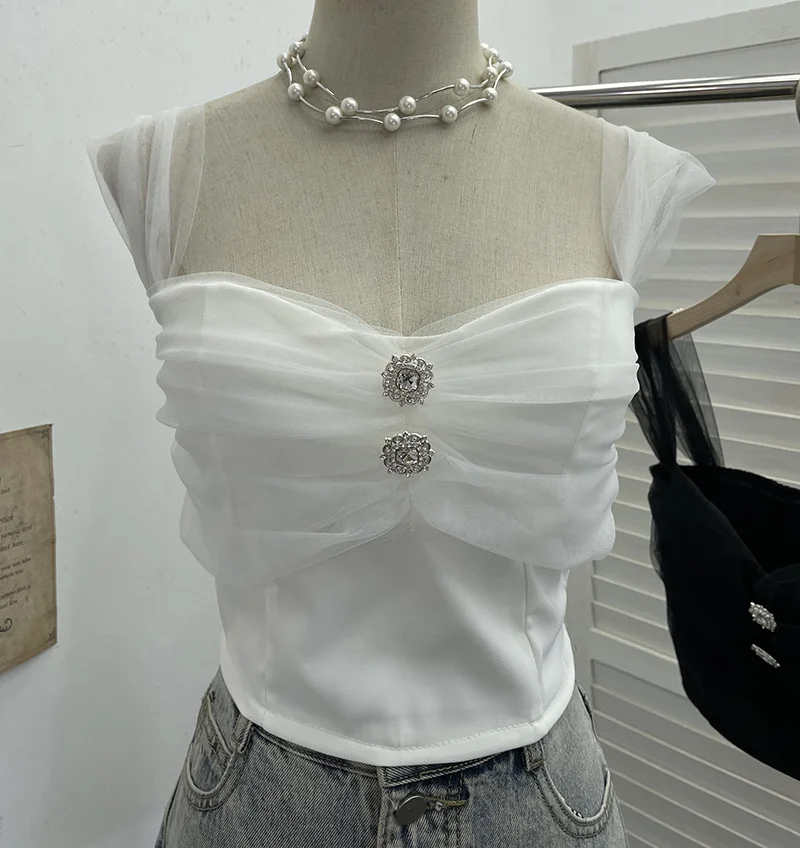 Nigikala Nigikala Shooting Net Red Pure Lust Folding Net Yarn Splicing Sling Sling Vest Bratie Short Sleeveless Top 8039