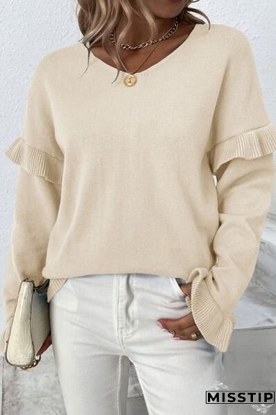 V-Neck Ruffle Trim Long Sleeve Sweater