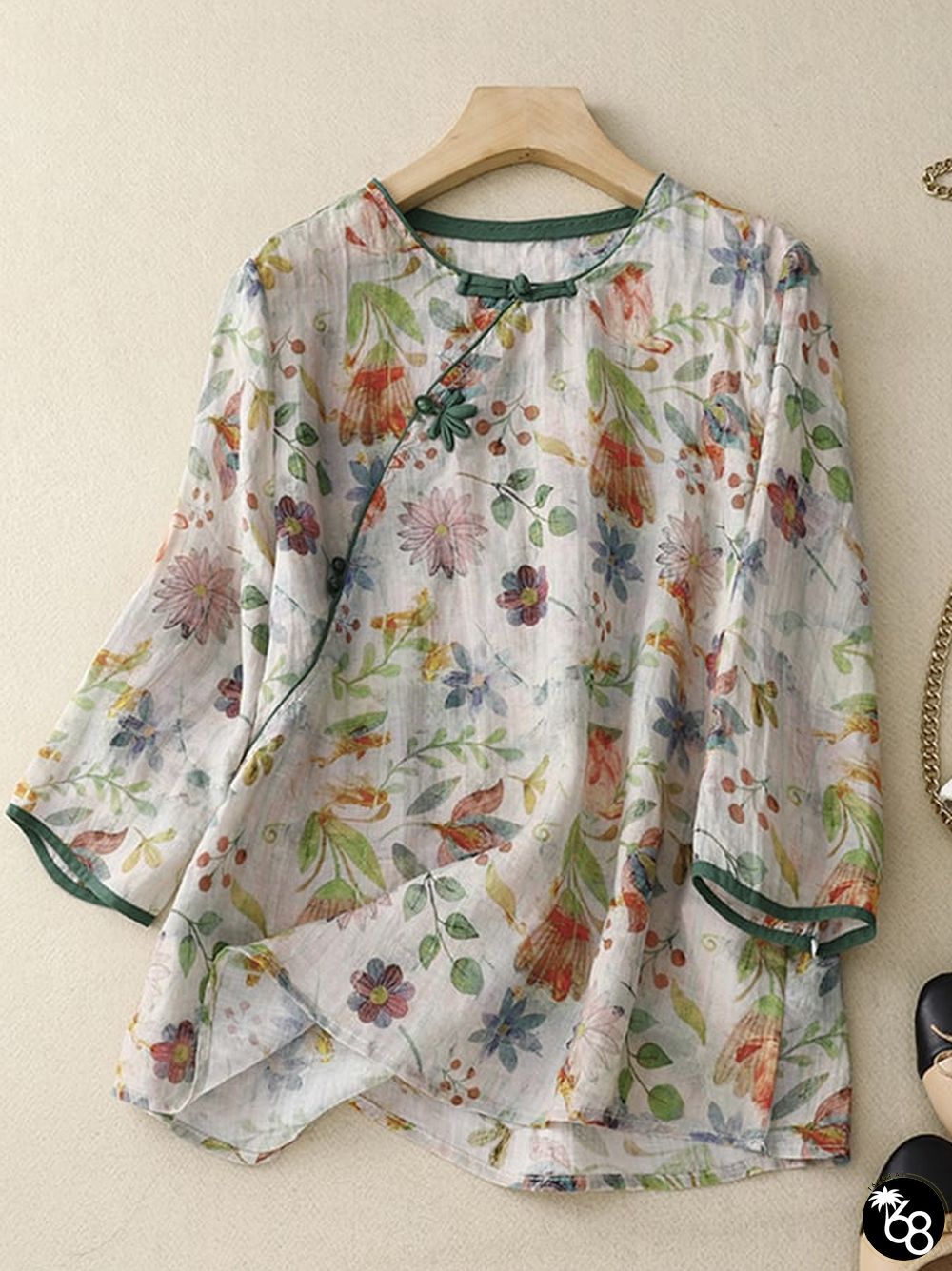 Retro Vintage Ethnic Style Thin Print Frog Button 4/3 Sleeve Shirt | 168DEAL