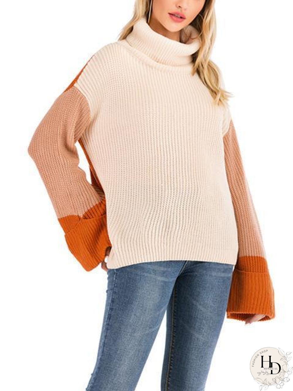Three Color Block High Collar Sweater