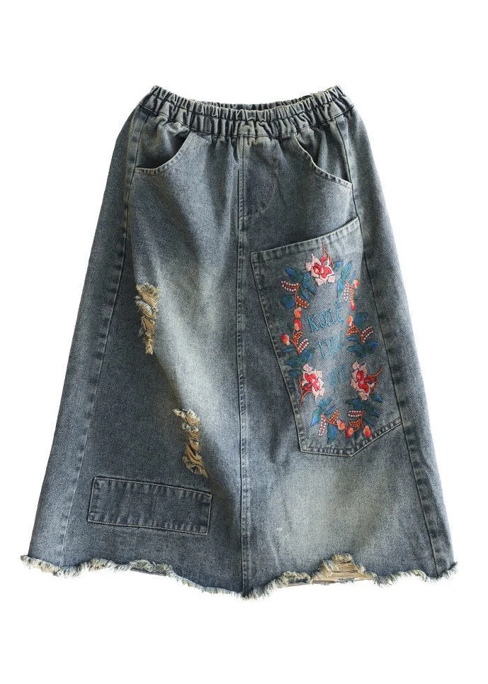 Blue Lace Patchwork Plaid Long Skirt