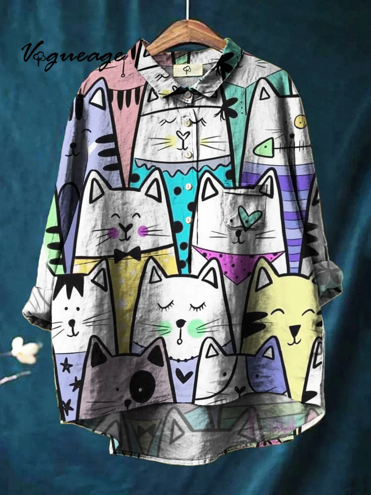 Cartoon Cute Animal Kitten Print Cotton And Linen Shirt
