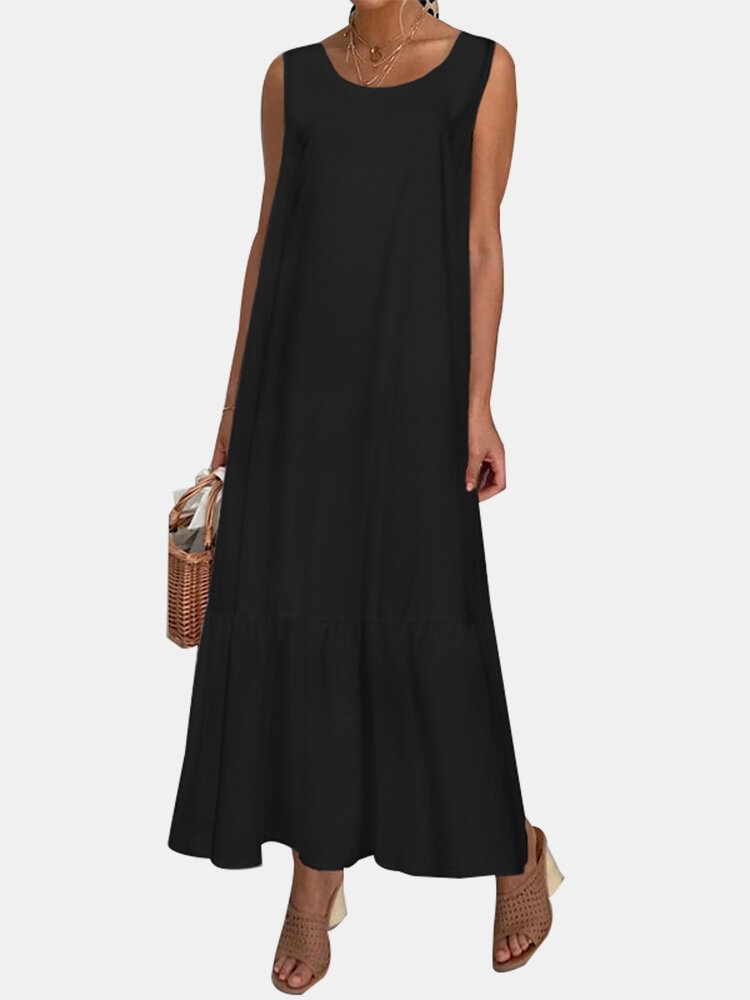 Casual Solid Color Ruffled Hem O-neck Pleated Long Maxi Tiered Dress - Shop Trendy Women's Fashion | TeeYours