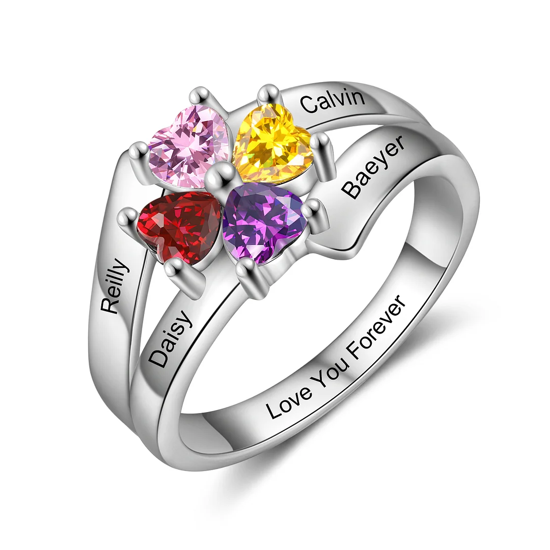 Personalized Heart Ring Custom 4 Birthstones Family Ring for Her