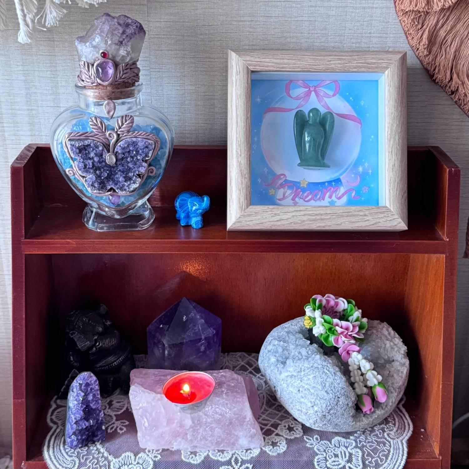 Framed crystal guardian angel decor in meditation corner