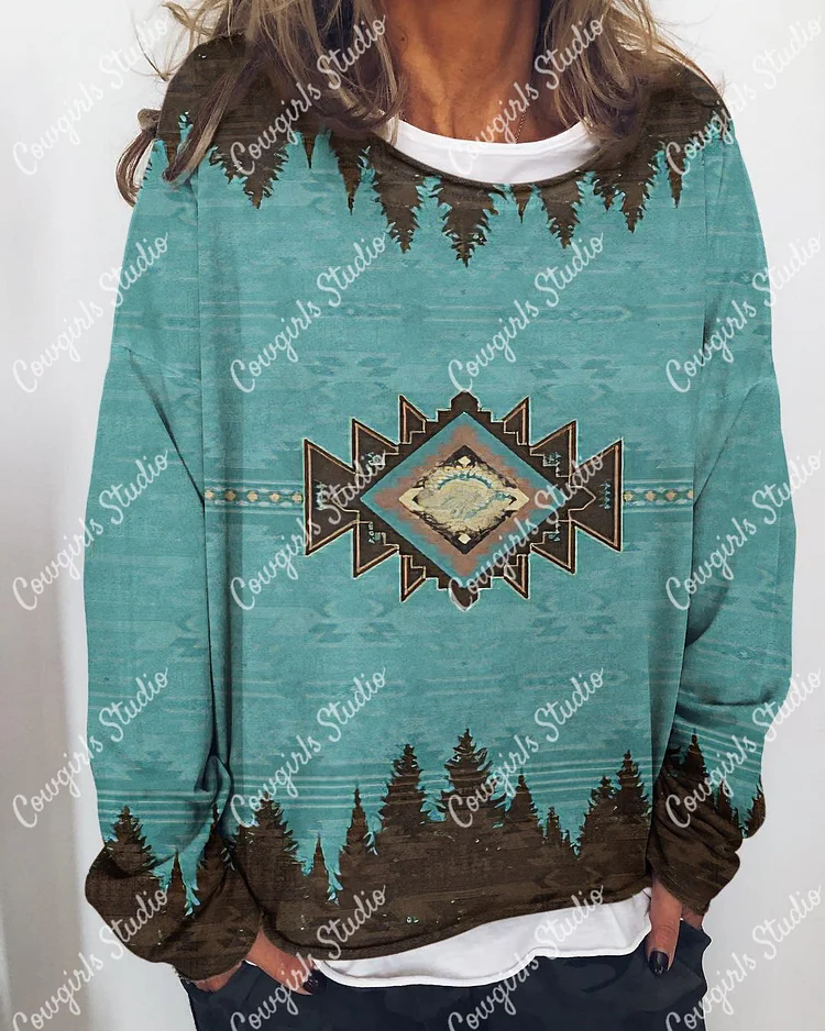 Crew Neck aztec geometric casual long sleeve tee