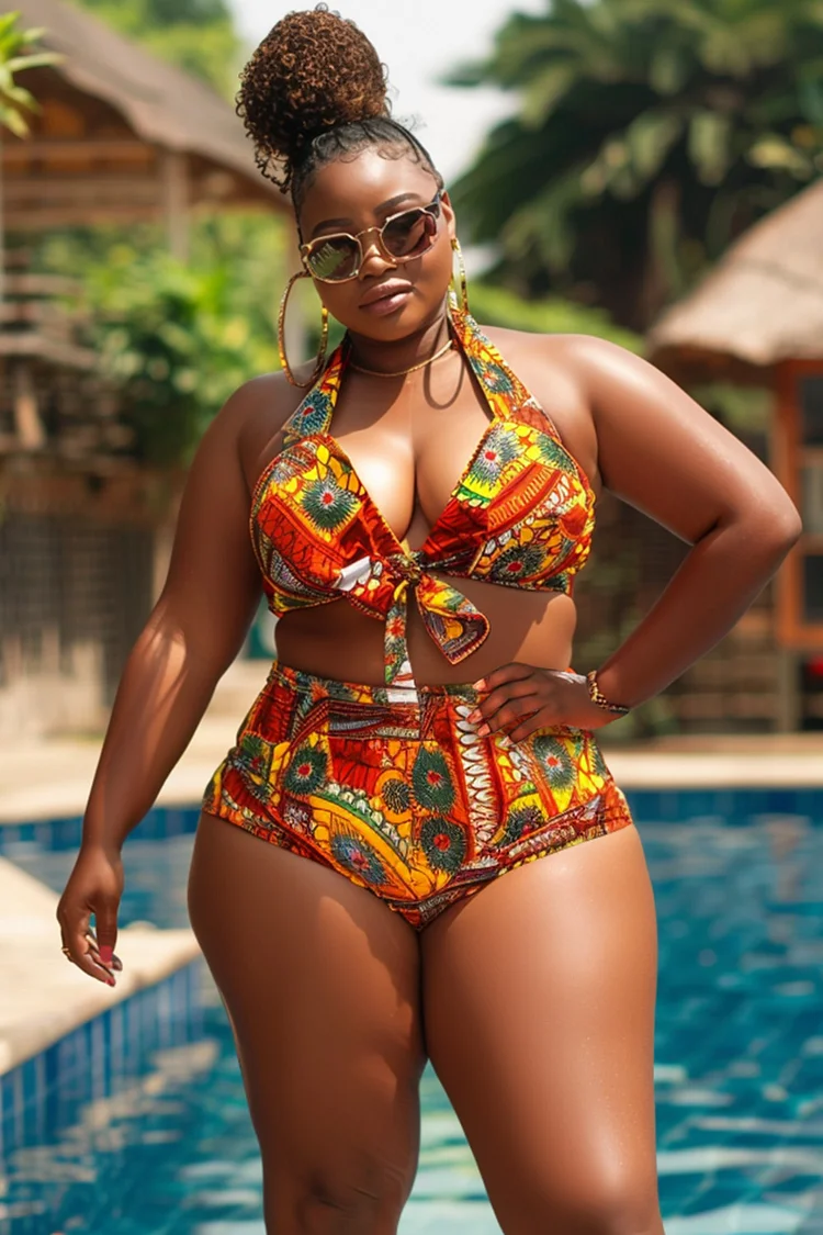 Xpluswear Design Plus Size Beach Multicolor Graphic Halter Collar Two Pieces Swimsuit [Pre-Order] 2024 - Xpluswear