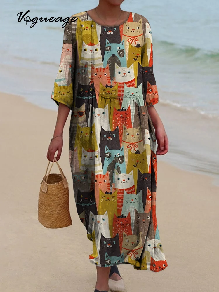 A Group Of Funny Cats Puzzle Printed Women's Casual Cotton And Linen Dress