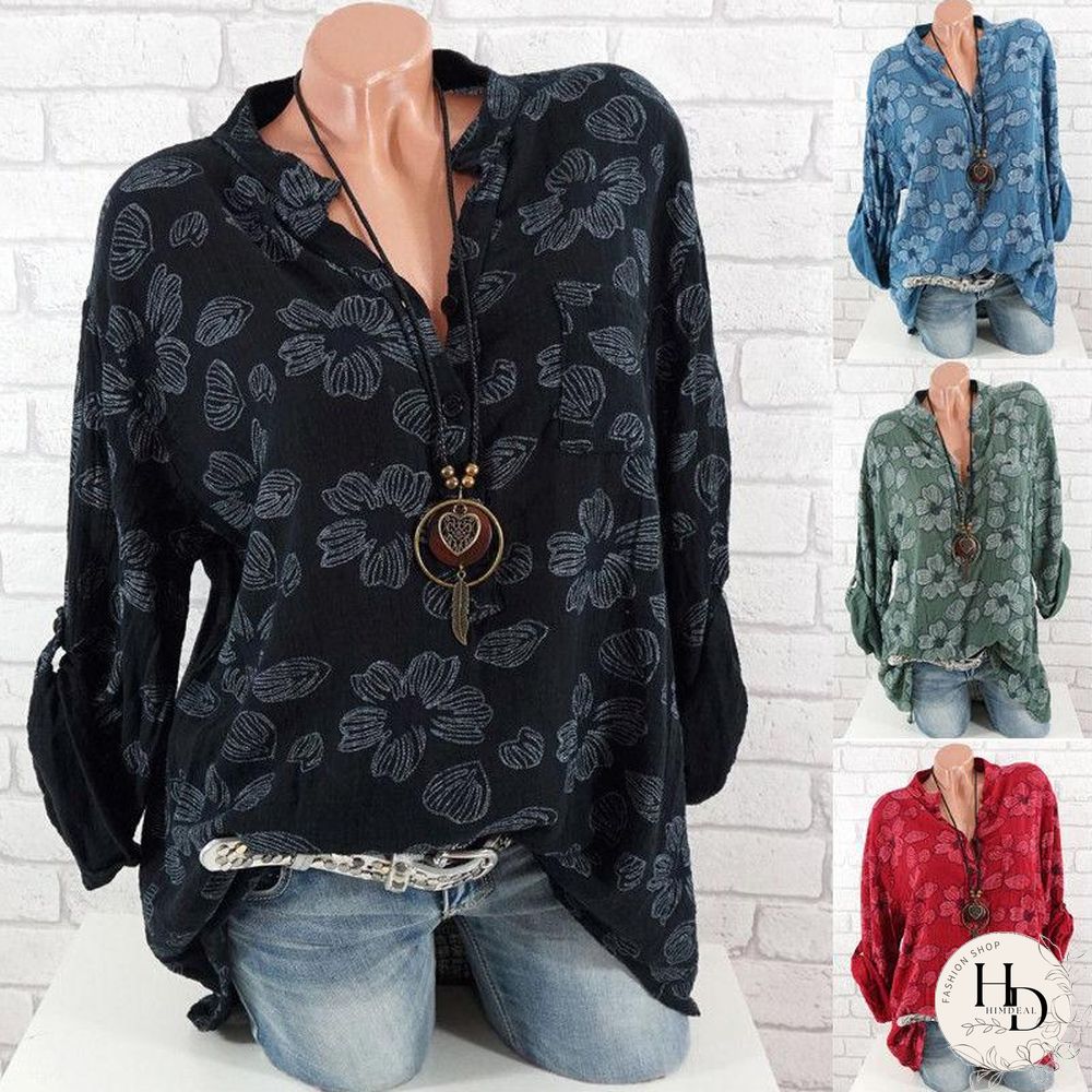Women Floral Print Long Sleeve V Neck Blouse Chiffon Casual Tops Plus Size