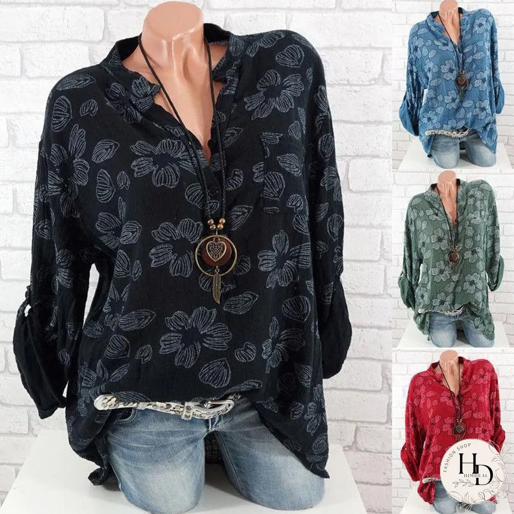 Women Floral Print Long Sleeve V Neck Blouse Chiffon Casual Tops Plus Size