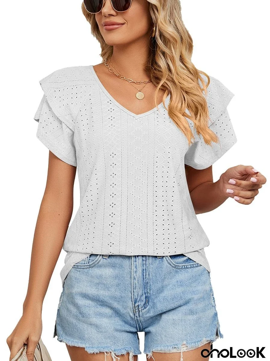 Solid Color V-Neck Loose Short Sleeve Double Sleeve T-Shirt
