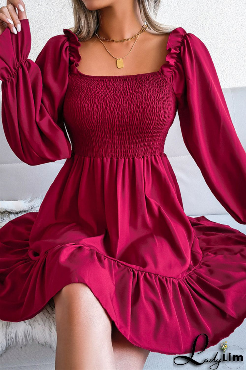 Burgundy Fashion Casual Solid Patchwork Square Collar Long Sleeve Dresses