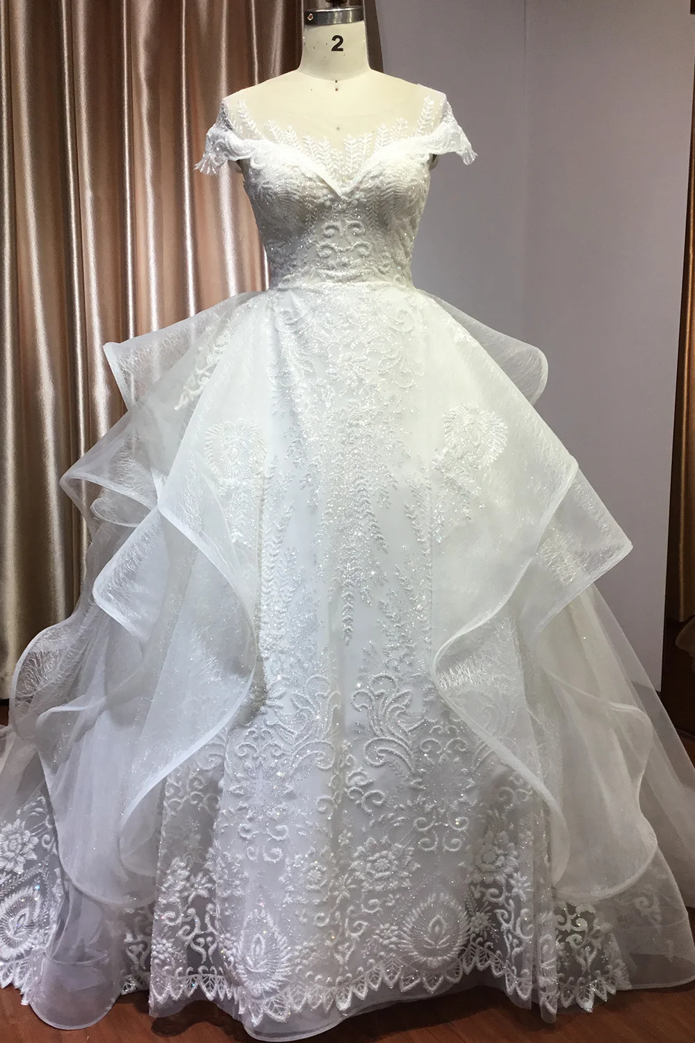 Sequins Short Sleeves Appliques Ball Gown Wedding Dress With Tulle Ruffles
