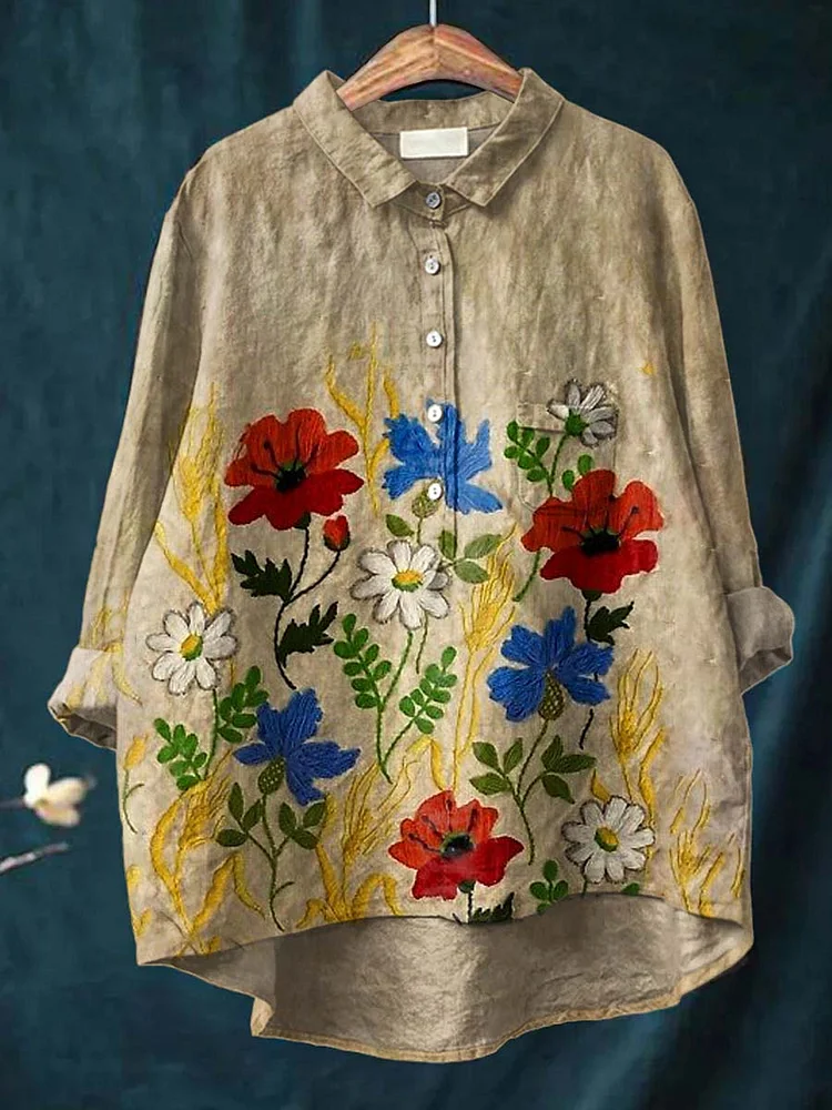 Women's Artistic Poppy Pattern Casual Cotton And Linen Shirt