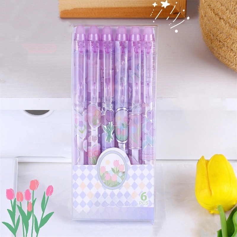 1 Box Of 6 Pieces Tulip Class Learning Plastic Minimalist Classic Style Gel Pen