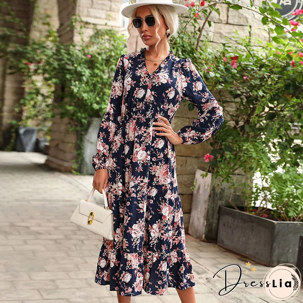 Elegant Women Flower Printing Dress Fall/Winter New Chiffon Slim High Waist Lantern Sleeve Ruffled V-neck Dress For Female