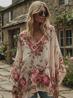 Women's Retro Roses Print V-neck Long Sleeve Linen Blend T-shirt