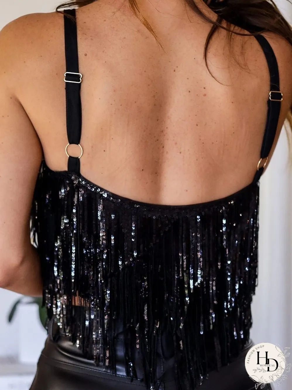 Dazzling Black Sequin Fringed Tank Crop Top