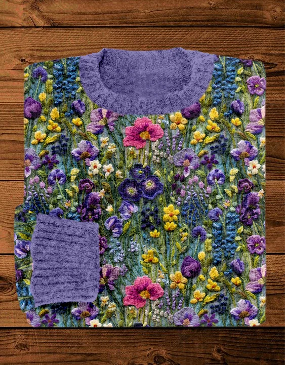 Comstylish Elegant Violet Wildflower Embroidery Art Cozy Knit Sweater