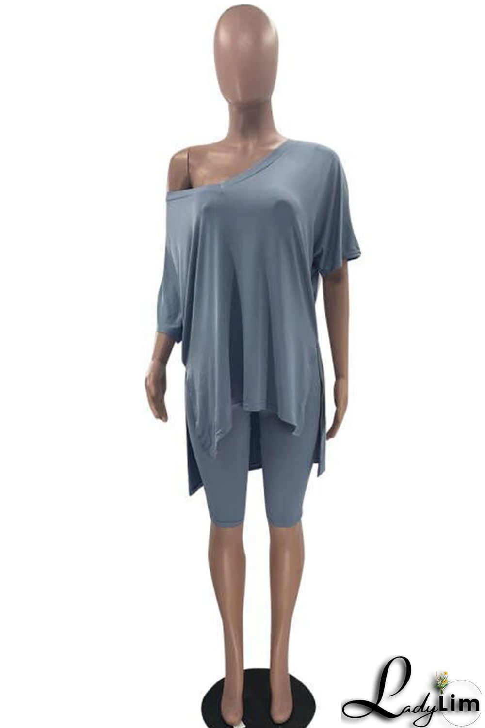Grey Casual Solid Split Joint V Neck Short Sleeve Two Pieces