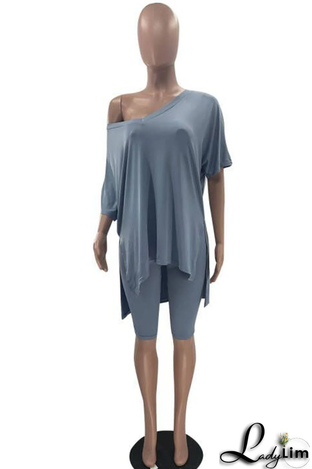 Grey Casual Solid Split Joint V Neck Short Sleeve Two Pieces
