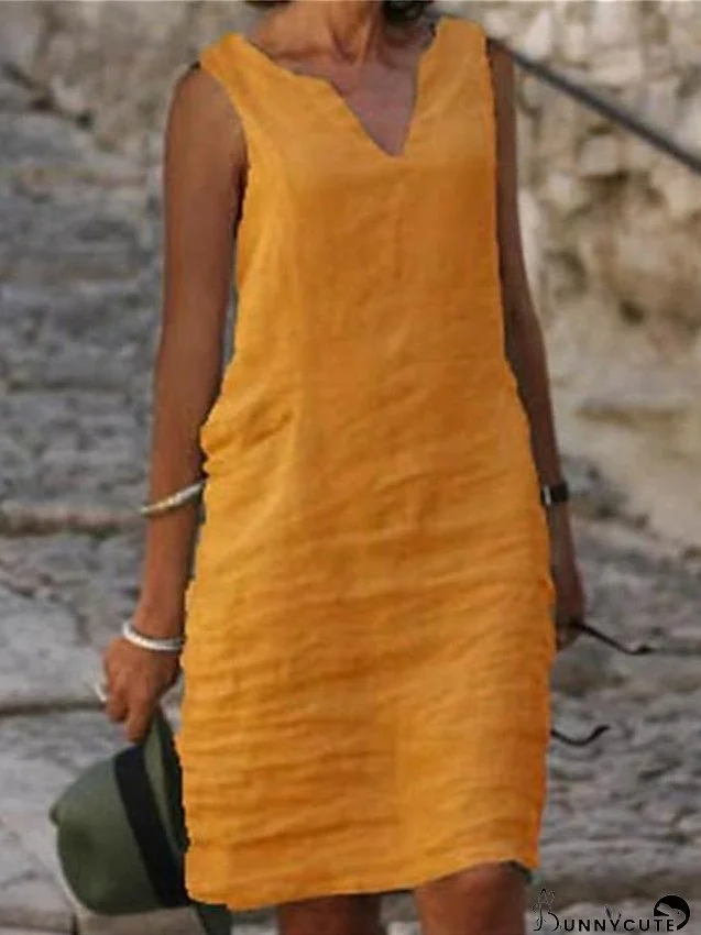 Casual Dress Cotton Dress Shift Dress Midi Dress Green Blue Pink Sleeveless Pure Color Spring Summer V Neck Basic Daily Weekend Loose Fit S M L XL XXL 3XL 4XL for Women