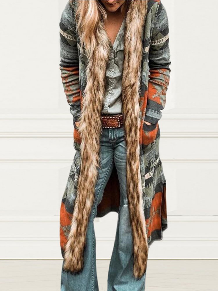 Tiboyz Western Style Retro Fur Collar Long Cardigan Jacket