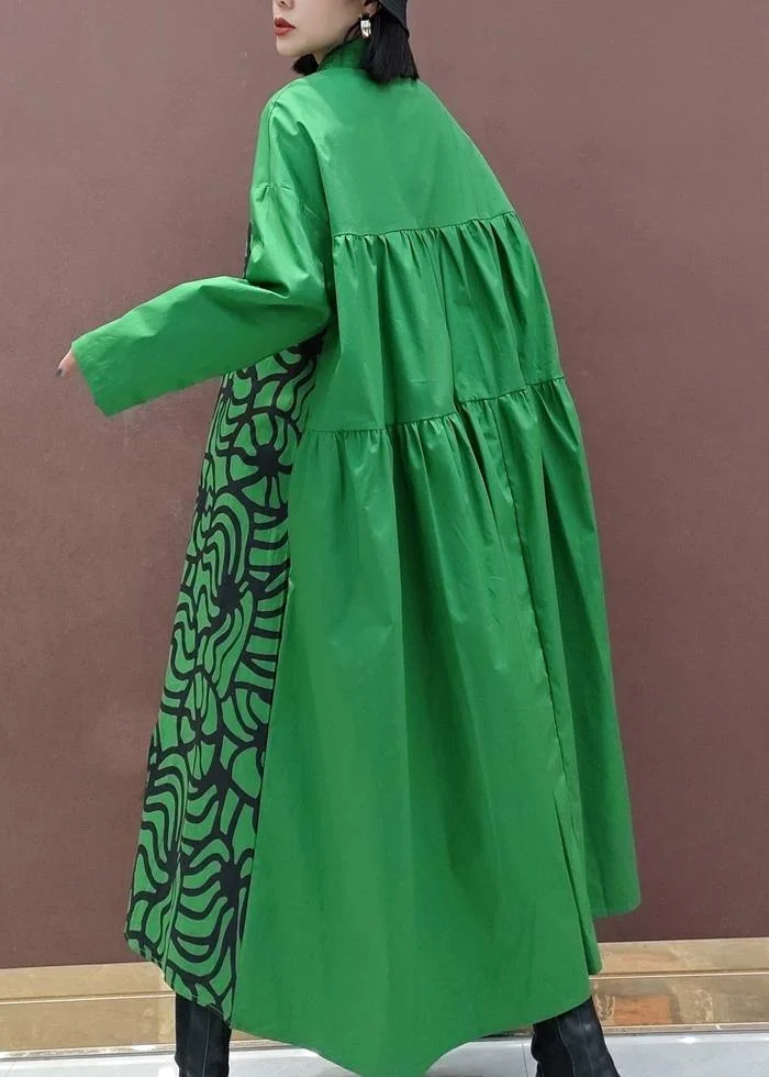 Vivid Lapel Asymmetric Spring Quilting Dresses Tunic Green Print Plus Size Dress