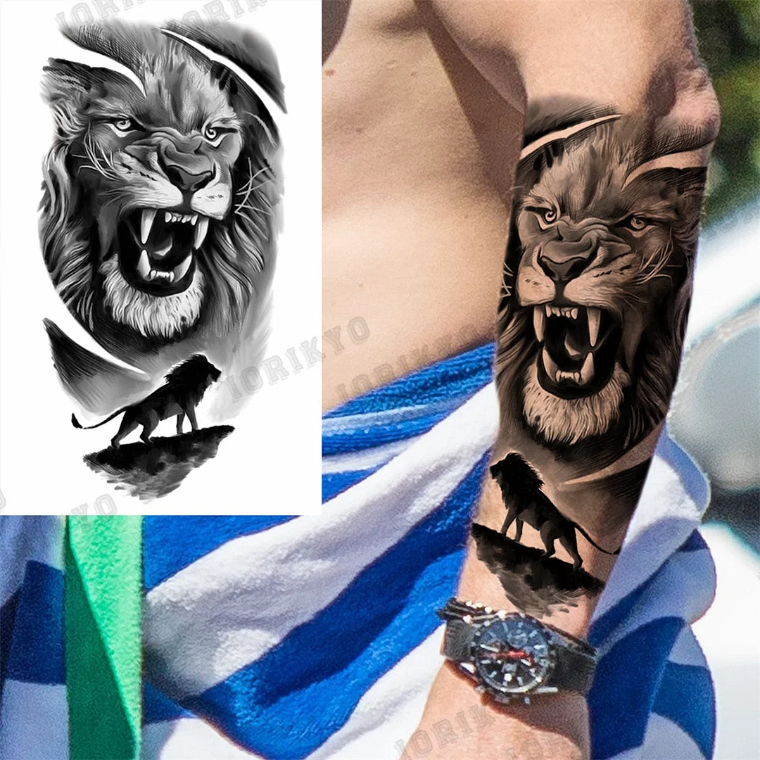 Black Lion Wolf Temporary Tattoos For Men Adult Forest Rose Compass Warrior Fake Tattoo Washable Body Art Painting Tatoo Sticker