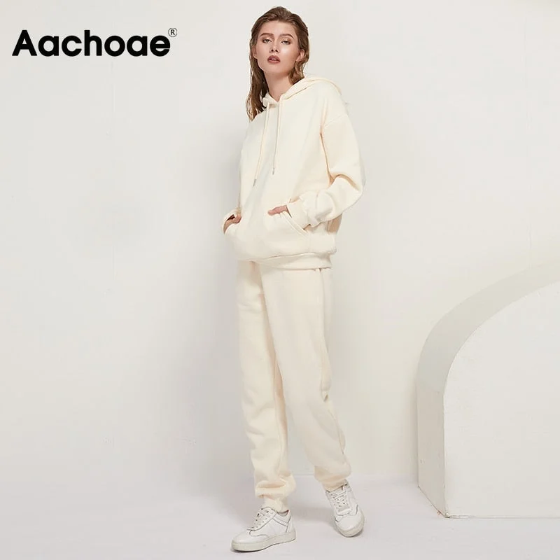 Aachoae 2021 Solid 100% Cotton Suits Women Set Fleece Pullover Hooded Hoodies Sweatshirts Casual Pants Tracksuit Plus Size