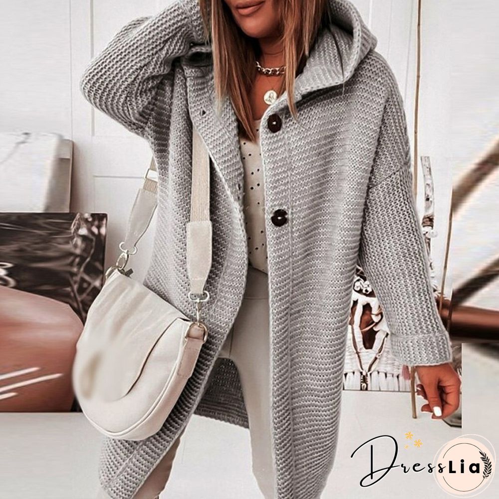Elegant Long Sleeve Straight Knit Outwear Autumn Winter Solid Hooded Cardigan Fashion Casual Single Breasted Midi Sweater Coats