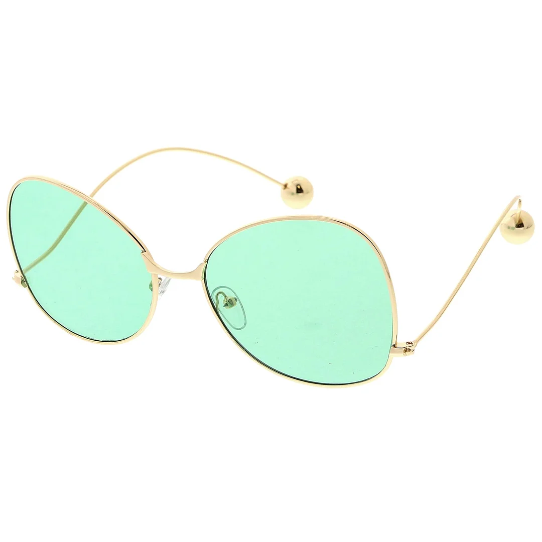 Women's Metal Butterfly glasses Thin Curved Arms Ball Accent Color Tinted Flat Lens 56mm