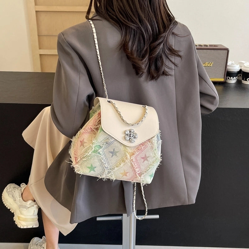 Women’s Medium Cloth Color Block Star Classic Style Streetwear Sewing Thread Square Flip Cover Fashion Backpack