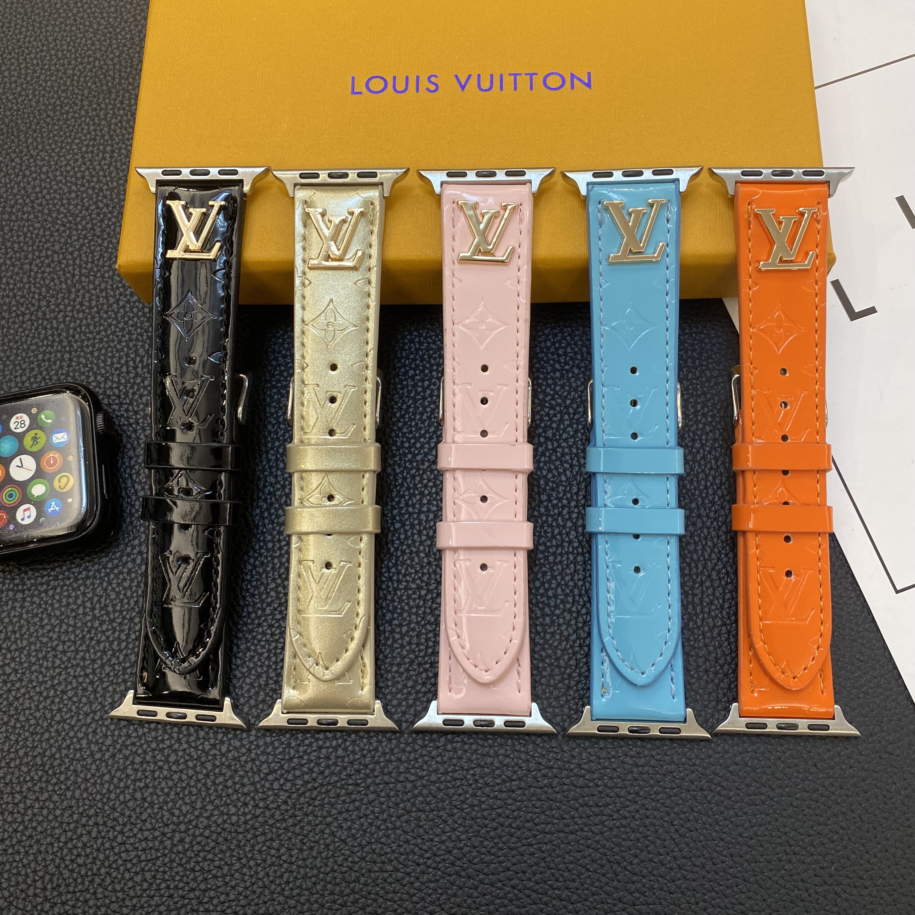 LV Glossy Leather Apple Watch Strap Luxury Metal Logo