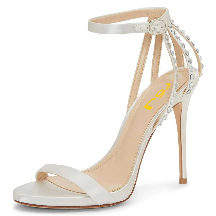 White Satin Bridal Heels Rhinestone Ankle Strap High Heel Sandals |FSJ Shoes