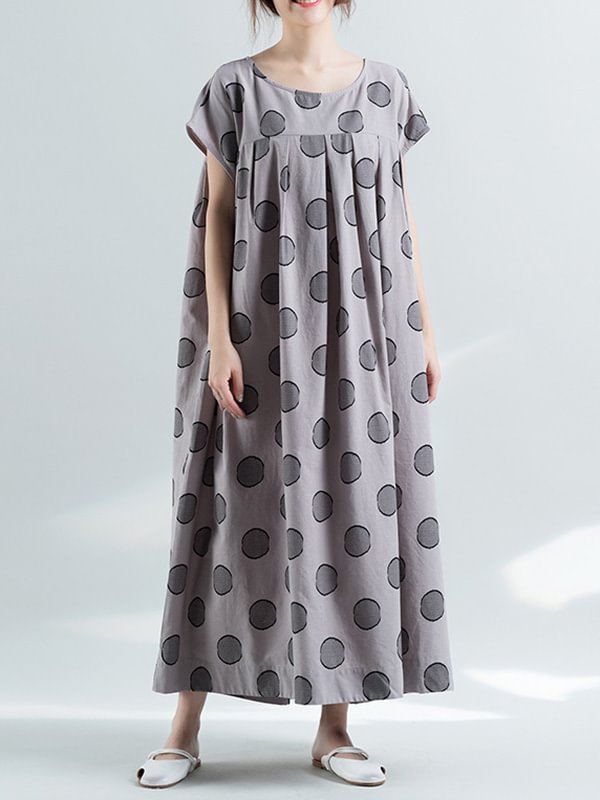 Artistic Retro Split-Joint Pleated Polka-Dot Round-Neck Short Sleeves Maxi Dress