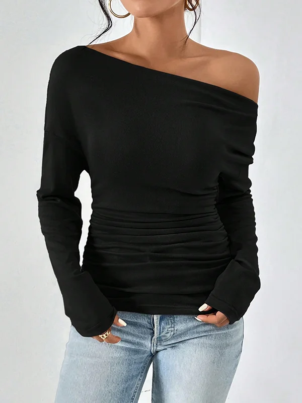 Long Sleeves Skinny Solid Color One-Shoulder T-Shirts Tops