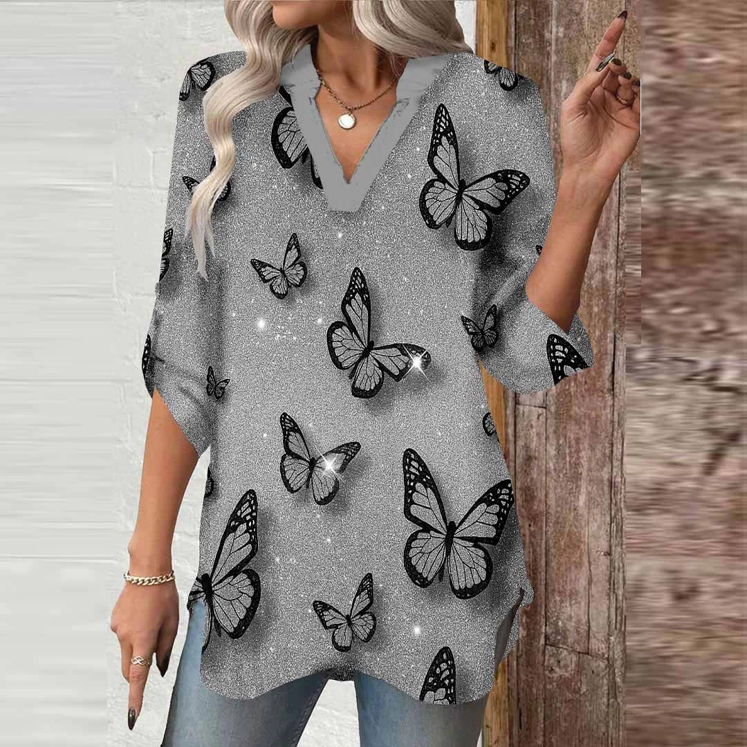 Women Butterfly,Shiny,Black DZGA0675 3/4 Sleeve V-neck Printed Graphic Button Tops