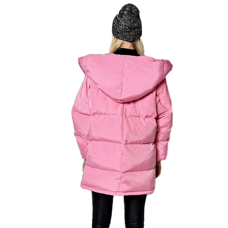 FTLZZ Winter Women Jackets 90% White Duck Down Parkas Loose Plus Size Hooded Coats Medium Long Warm Casual Pink Snow Outwear