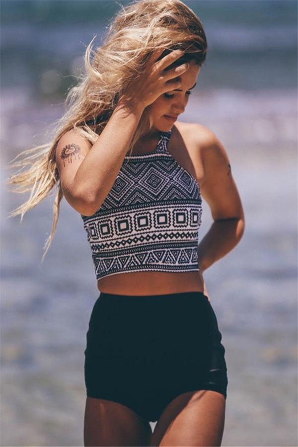 Black Tribal Print High Waisted Sexy Two Piece Swimsuit-elleschic