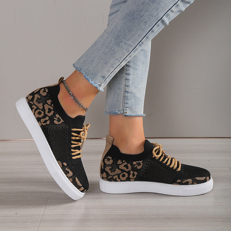 Cute leopard print women sneakers casual lace up mensh sneakers