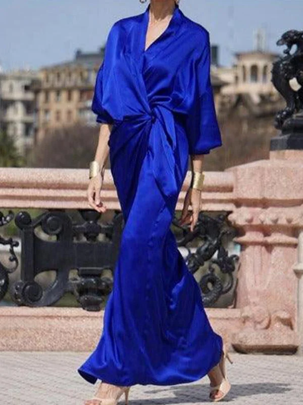 Half Sleeves Loose Solid Color V-Neck Maxi Dresses