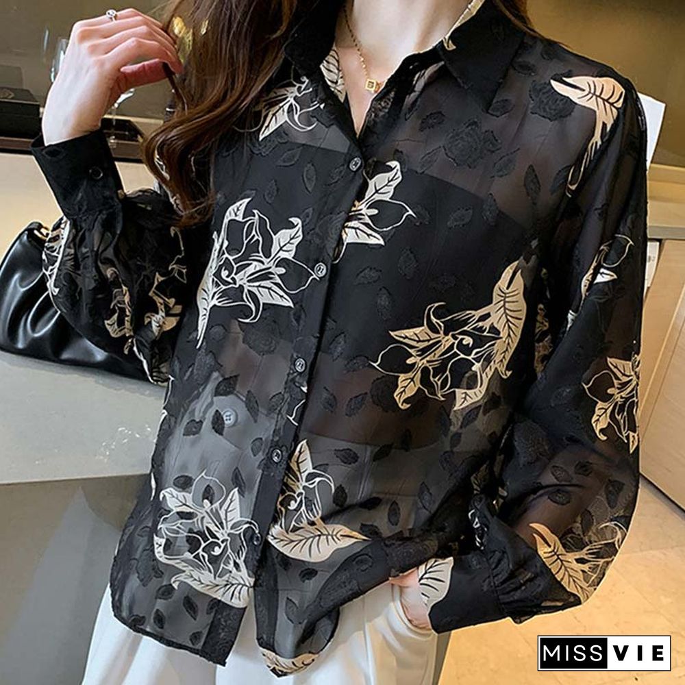 Floral Print Puff Sleeve Chiffon Shirt