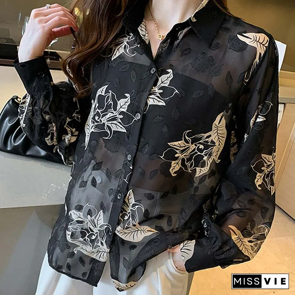 Floral Print Puff Sleeve Chiffon Shirt